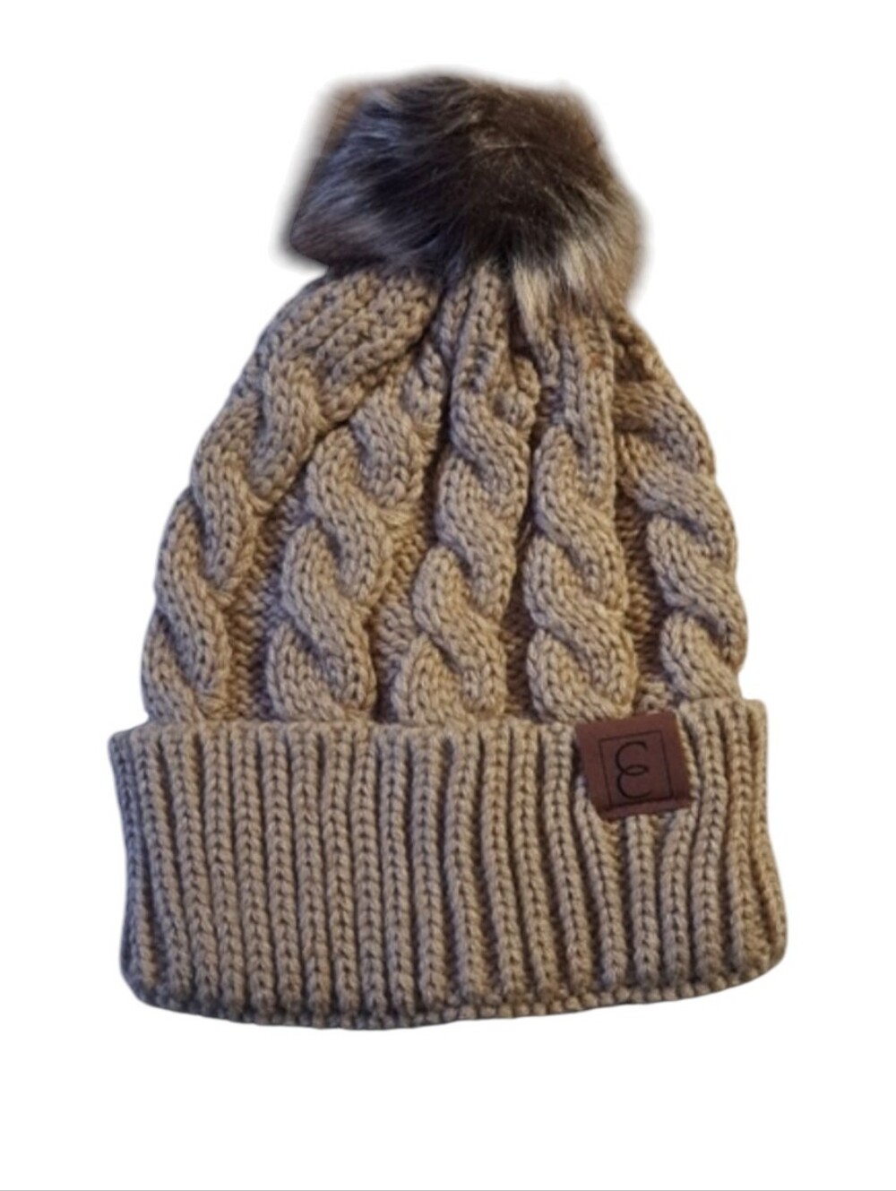 Cozy Tan Knit Pom-Pom Beanie